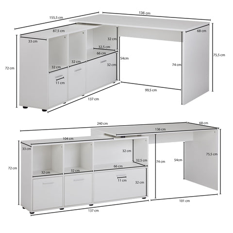 Rootz Schreibtisch mit Sideboard – Moderner Home-Office-Eckschreibtisch – Weiß – 136 cm 