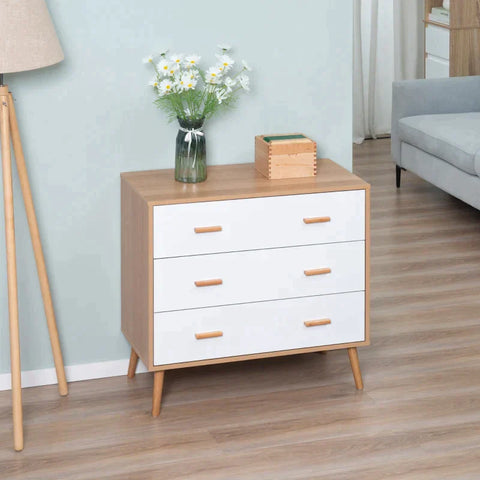 Rootz Chest Of Drawers - Storage Organizer Cabinet - With 3 Drawers - Chipboard - White + Nature - 80 cm x 39 cm x 80 cm