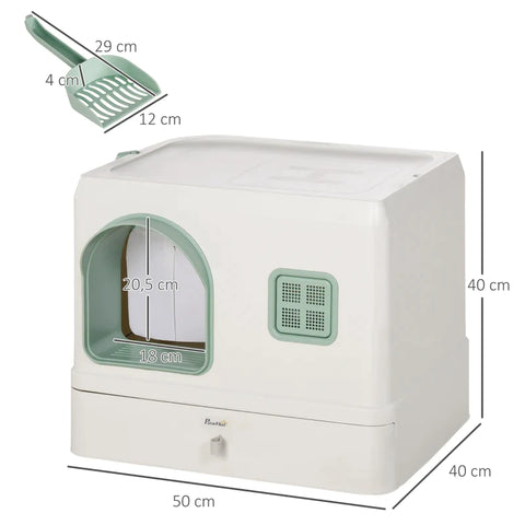 Rootz Cat Litter Box with Cover - 1 Litter Scoop - Removable Base Tray - Mint Green + White - 50cm x 40cm x 40cm