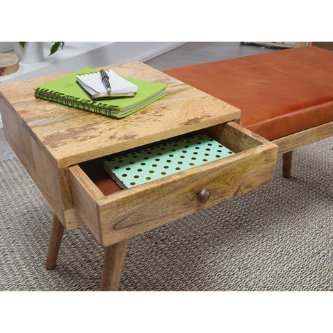 Rootz Bank - Gang bench - Drawer - Solid Wood - Mango Wood - Goatskin - Brown - 100 x 38 x 52 cm