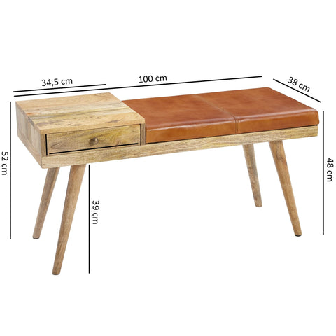 Rootz Bank - Gang bench - Drawer - Solid Wood - Mango Wood - Goatskin - Brown - 100 x 38 x 52 cm