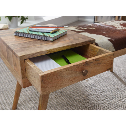 Rootz Bank – Bank – Stauraum – Schublade – Rindsleder – massives Mangoholz – Flurbank – gepolsterte Bank