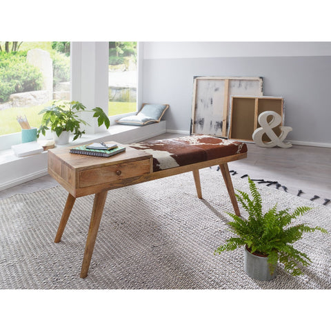 Rootz Bank – Bank – Stauraum – Schublade – Rindsleder – massives Mangoholz – Flurbank – gepolsterte Bank