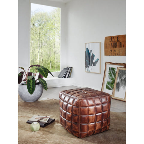 Rootz Pouf - Cube - Leather Pouf - Brown - Quilted - Leather - 41 x 39 x 39
