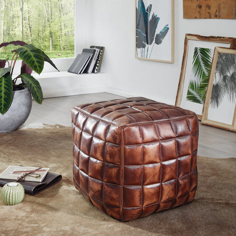 Rootz Pouf - Cube - Leather Pouf - Brown - Quilted - Leather - 41 x 39 x 39