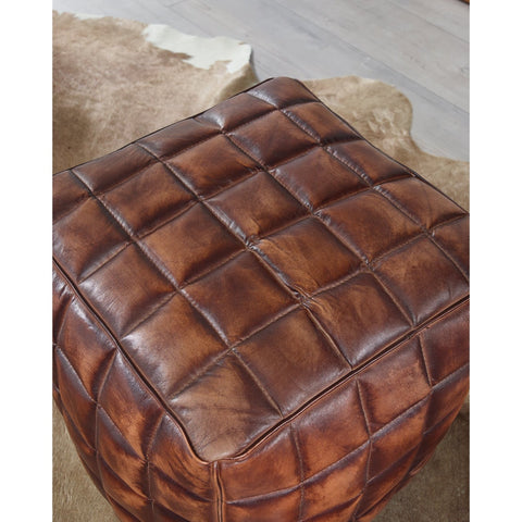 Rootz Pouf - Cube - Leather Pouf - Brown - Quilted - Leather - 41 x 39 x 39