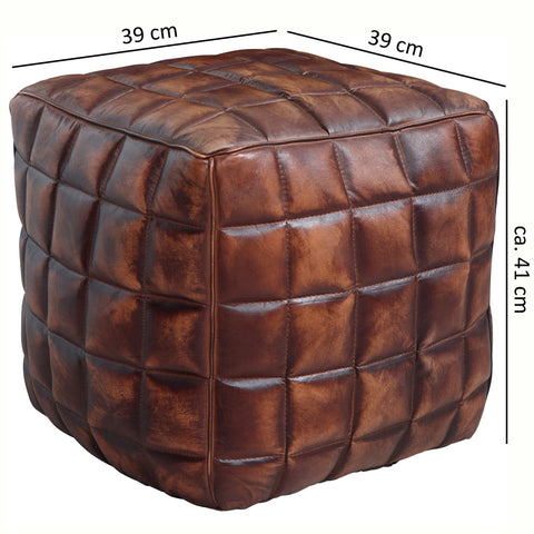 Rootz Pouf - Cube - Leather Pouf - Brown - Quilted - Leather - 41 x 39 x 39