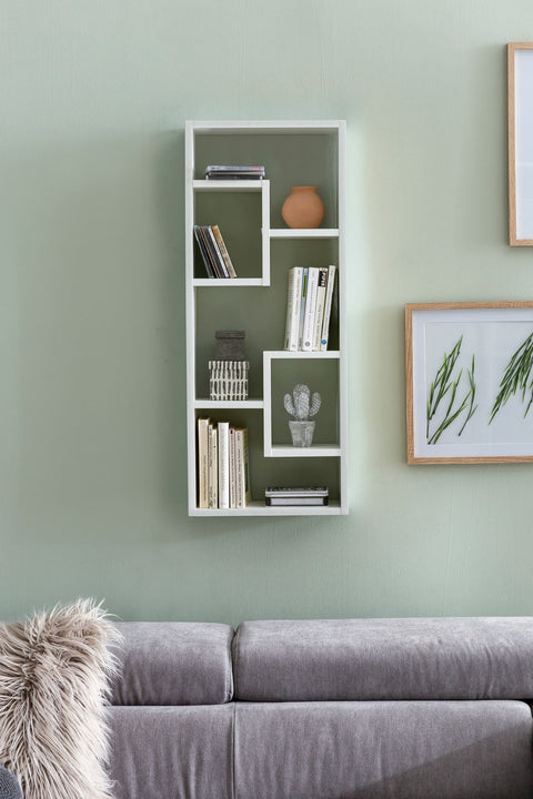 Rootz Wandplank - Modern Design Hangplank - Zwevende Houten Wandplank - Smalle Boekenplank - Hoge Decoratieve Zwevende Plank - Wit - 36x90x13,5cm 