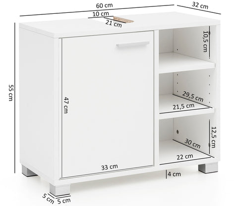 Rootz Bathroom Cabinet - Wood Base Cabinet with Door - Vanity Unit with Storage Compartments - Bathroom Furniture with Shelf - White - 60x55x32cm