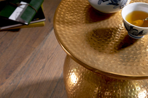 Rootz Side Table - Aluminum - Gold - Oriental Round Table - Modern Designer Metal Filing Table - Small Hammered Accent Table - 36.5x46x36.5 cm