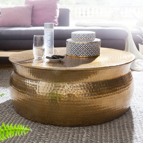 Rootz Couchtisch – goldener Aluminium-Beistelltisch – orientalischer runder Couchtisch – Wohnzimmertisch aus gehämmertem Metall – moderner Lounge-Tisch im indischen Stil – 75 x 31 x 75 cm 