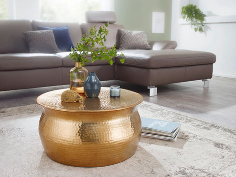 Rootz Coffee Table - Gold Aluminum - Oriental Round Side Table - Flat Hammered Metal Coffee Table - Modern Design Living Room Table - Small Indian Lounge Stub Table - 60x30.5x60cm
