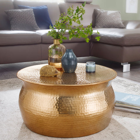 Rootz Coffee Table - Gold Aluminum - Oriental Round Side Table - Flat Hammered Metal Coffee Table - Modern Design Living Room Table - Small Indian Lounge Stub Table - 60x30.5x60cm