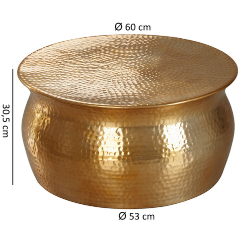 Rootz Coffee Table - Gold Aluminum - Oriental Round Side Table - Flat Hammered Metal Coffee Table - Modern Design Living Room Table - Small Indian Lounge Stub Table - 60x30.5x60cm
