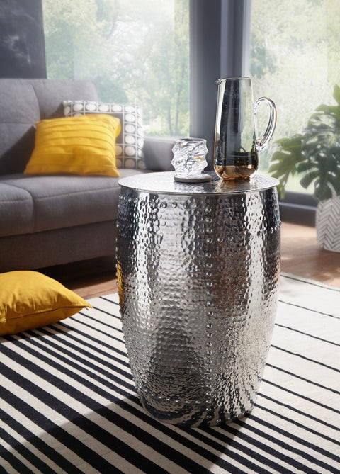 Rootz Side Table - Silver Aluminum - Oriental Round Table - Small Hammered Abstellisch - Modern Metal Designer Filing Table - Narrow Table - 41.5x62x41.5cm