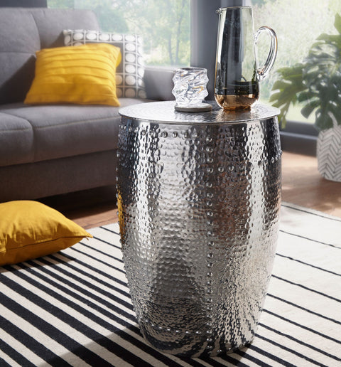 Rootz Side Table - Silver Aluminum - Oriental Round Table - Small Hammered Abstellisch - Modern Metal Designer Filing Table - Narrow Table - 41.5x62x41.5cm