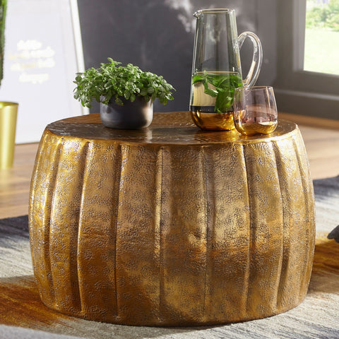 Rootz Couchtisch – orientalisches rundes Gold – Aluminium – flacher Couchtisch aus Metall – Wohnzimmertisch im modernen Design – kleiner Loungetisch – 60 x 36 x 60 cm 