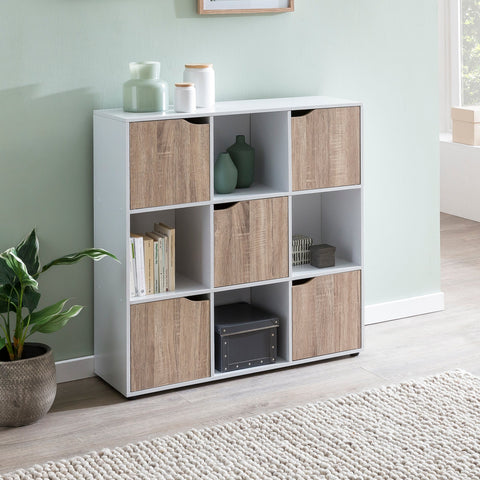Rootz Bookcase - Sonoma - 9-Compartments - Modern Cube Shelf with Doors - Room Divider and Storage - Living Room Shelf - 89x91x29cm