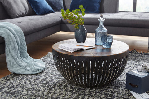 Rootz Couchtisch – Holz und Metall – industrieller Wohnzimmertisch – Drahtkorbtisch – runder Design-Loungetisch – 70 x 33 x 70 cm 