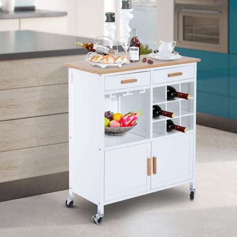 Rootz Kitchen trolley - Kitchen trolley - Serving trolley - Wine rack - French doors - Drawers - On wheels - White - Brown