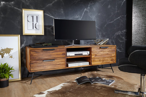 Rootz TV Chest - Lowboard - Sheesham Wood - Design Hi-Fi Board with Storage and Drawers - Industrial TV Chest - 160x54x40cm
