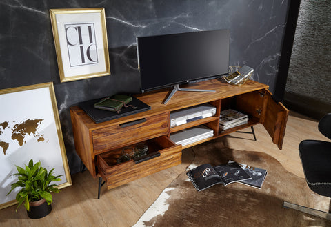 Rootz TV Chest - Lowboard - Sheesham Wood - Design Hi-Fi Board with Storage and Drawers - Industrial TV Chest - 160x54x40cm