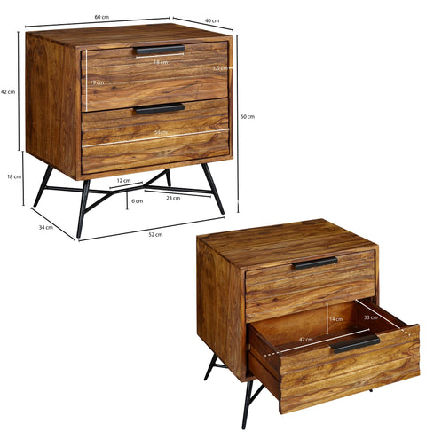 Rootz Side Table - Sheesham - Design Nightstand with Drawers - High Storage Cabinet - 60x60x40cm