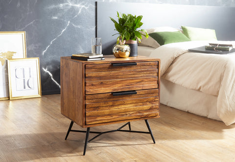 Rootz Side Table - Sheesham - Design Nightstand with Drawers - High Storage Cabinet - 60x60x40cm