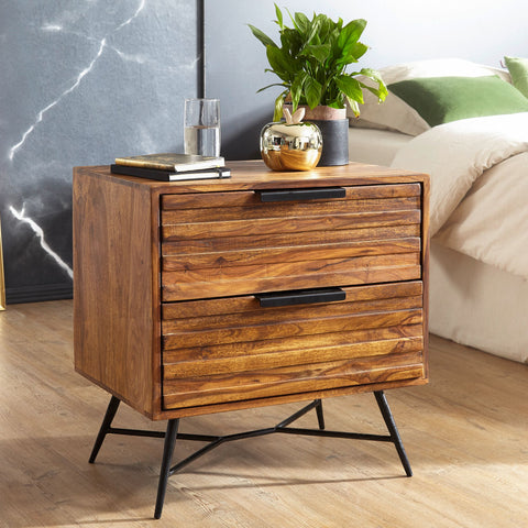 Rootz Side Table - Sheesham - Design Nightstand with Drawers - High Storage Cabinet - 60x60x40cm