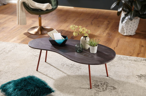 Rootz Salontafel - Acaciahout - Koperen Metalen Poten - Niervorm - Modern Design - 122x34,5x63cm