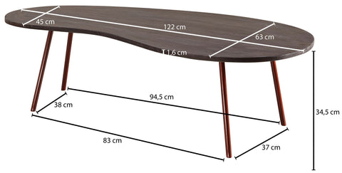 Rootz Salontafel - Acaciahout - Koperen Metalen Poten - Niervorm - Modern Design - 122x34,5x63cm