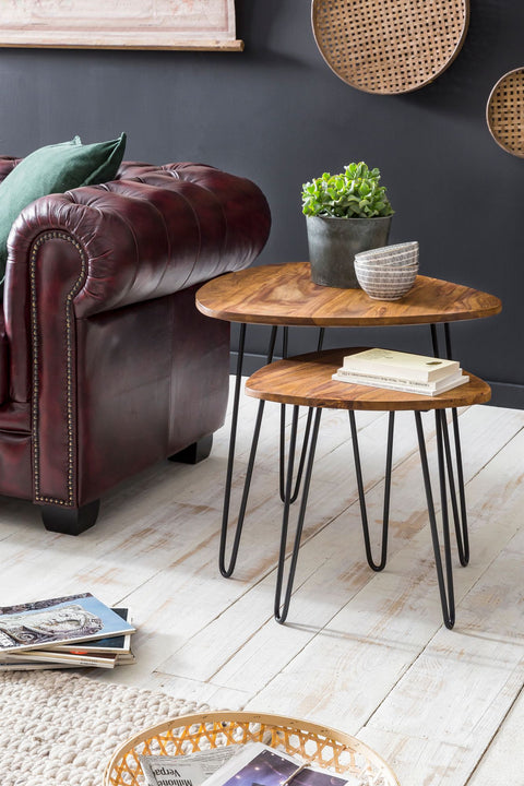 Rootz Satztisch-Set – Sheesham-Holz – kleines Design mit Metallrahmen – 2-teiliger Couchtisch 