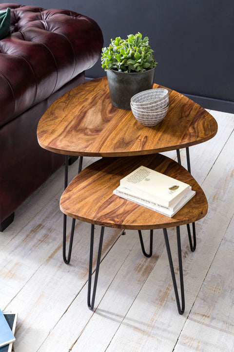 Rootz Satztisch-Set – Sheesham-Holz – kleines Design mit Metallrahmen – 2-teiliger Couchtisch 