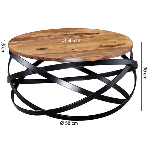 Rootz Couchtisch – Sheesham-Holz – Metallgestell – rundes Design für Wohnzimmer – 60 x 30 x 60 cm