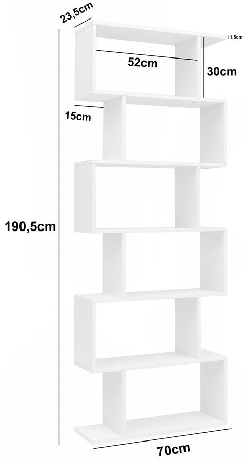 Rootz Bookcase - 6 Compartments - Contemporary Design Chest of Drawers - White - 70x23.5x190.5cm