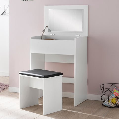 Rootz Kaptafel - Moderne Houten Consoletafel met Kruk en Spiegel - Wit - 60x81x40cm