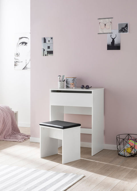 Rootz Kaptafel - Moderne Houten Consoletafel met Kruk en Spiegel - Wit - 60x81x40cm