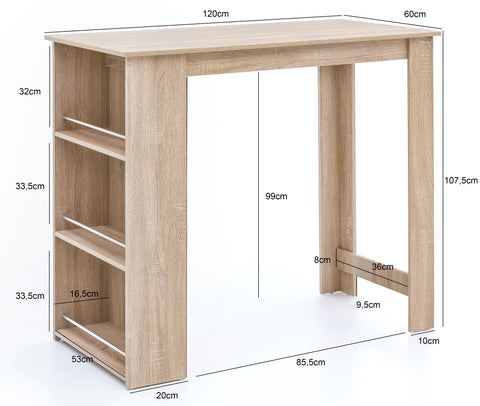 Rootz Bartisch – Sonoma – Küchentisch aus Holz mit integrierter Ablage – 120 x 107,5 x 60 cm