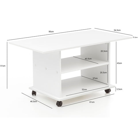 Rootz Coffee Table - Coffee Table On Wheels - Wheels - Storage Space - Open Compartment - White