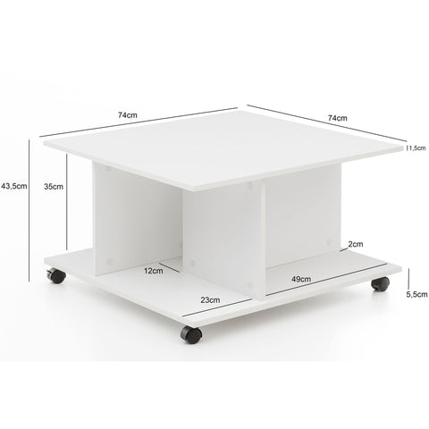 Rootz Salontafel - Salontafel Op Wielen - Opbergruimte - 74 x 74 x 43,5 cm - Wit