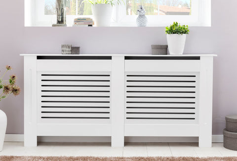 Rootz Radiator Cover - Matt Lacquered - Design Heater Panel - Wood Slats - Protection for Heating Radiator - White - 78x82x19cm