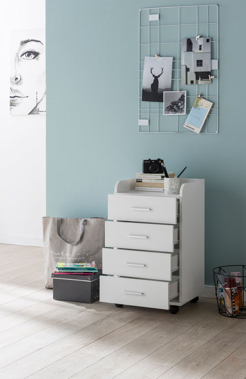 Rootz Roll Container - Contemporary Office Container - 4 Drawers with Castors - White