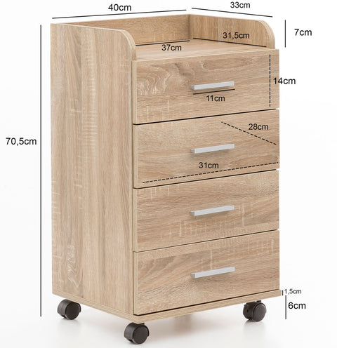 Rootz Roll Container - Sonoma - Contemporary Office Container - 4 Drawers with Castors - 40x70.5x33cm