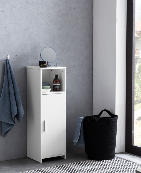 Rootz Holzschrank – Kleiner Badezimmer-Seitenschrank – Tür und Staufach – Weiß – 30 x 95,5 x 30 cm