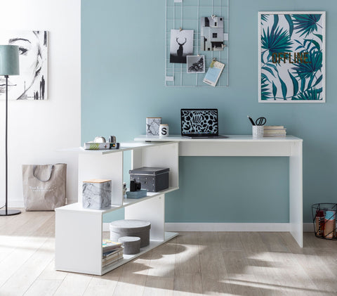 Rootz Eckschreibtisch – Matter Schreibtisch mit drehbarer Ablage – Modernes Design – großes Staufach – Weiß – 119 x 78 x 49 cm