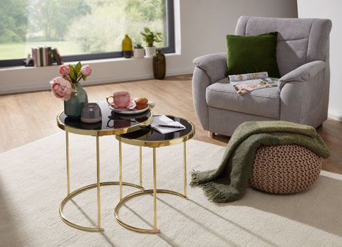 Rootz Zwart-Gouden Nesttafelset - Moderne metalen en glazen bijzettafels - 2-delige salontafel - Kleine woonkameropslag