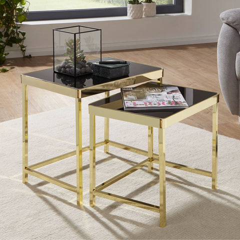 Rootz Side Tables - Coffee Tables - Set Of 2 - Side Table - Metal - Glass - Black - Gold