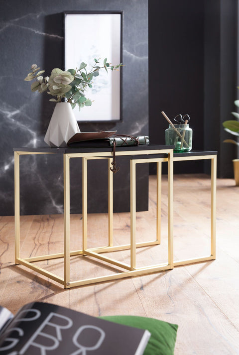 Rootz Tischset in Schwarz-Gold – Moderne Beistelltische aus Metall und MDF – Holzplatte – 2-teiliger Couchtisch – Kleine Aufbewahrung im Wohnzimmer –