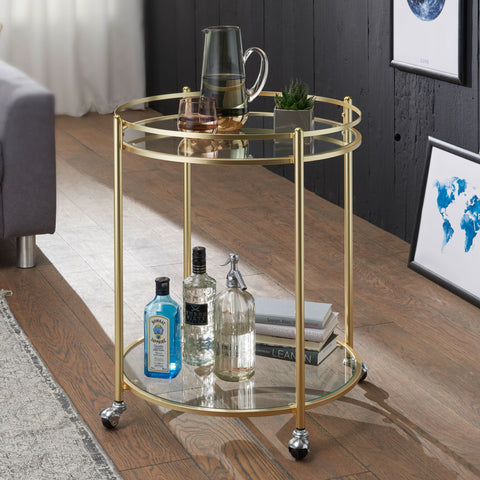 Rootz Side table - Side table on wheels - Kitchen trolley - Serving trolley - Tea trolley - Ø 57 cm - Gold - Glass
