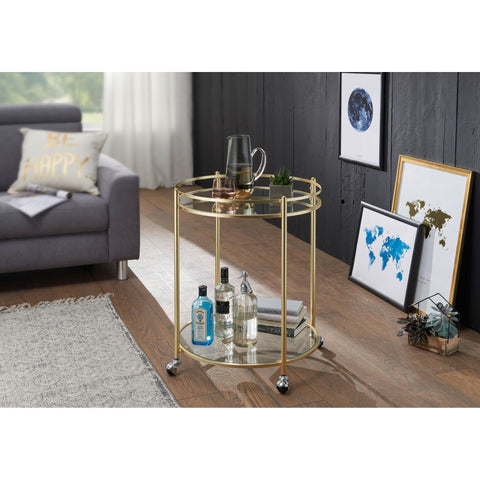 Rootz Side table - Side table on wheels - Kitchen trolley - Serving trolley - Tea trolley - Ø 57 cm - Gold - Glass
